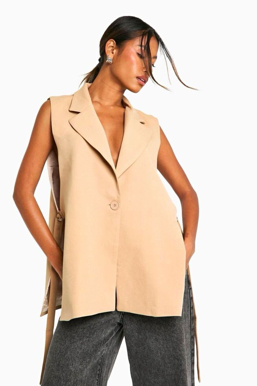 NWT boohoo Longline Tie Side Waistcoat Mocha - Size Small